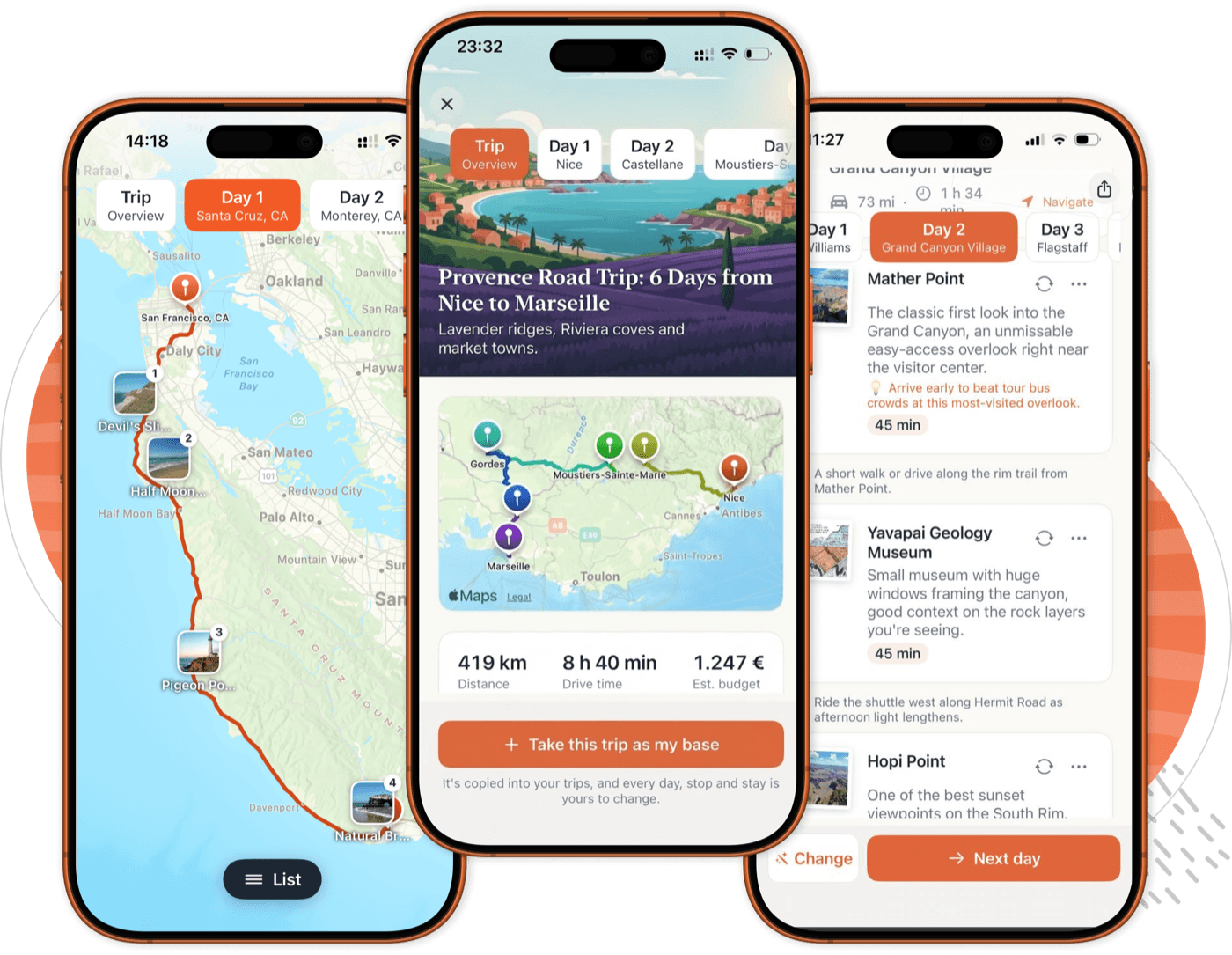 Three iPhone screens of the Roadanza app: a coastal day on the map with numbered stops, the overview of a six-day Provence route, and a Grand Canyon day with its stop cards.